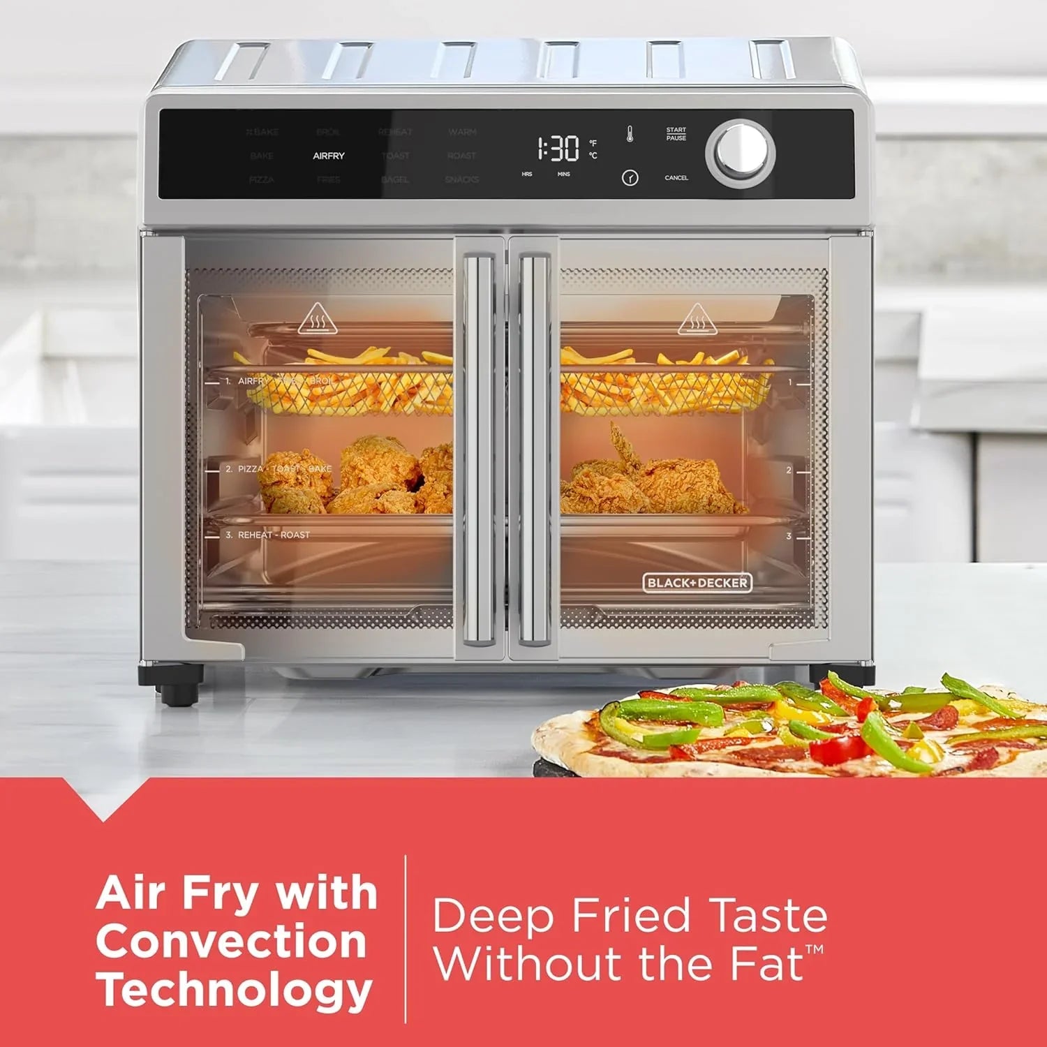 05cc9662fbe4c24a531ee405bc9261824bce1f8a9137b7d69a5999c8450cb5e8 Toaster Oven - Crisp 'N Bake Air Fryer, Combo - 12 in 1 Countertop Convection Oven Cooks Food Fast, Fits a Whole Pizza or 6 Toast Slices, French Doors
