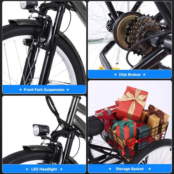 06a8e7f903323e571a81a00c91913126fa6833749eaa6751b012fda4e83b3074 Tricycle - 26 Inch Adult 3 Wheel Electric, Featuring Basket - Fat Tires, 7 Speeds, 350W Powerful Motor, 36V 10Ah Removable Battery Dark Gray