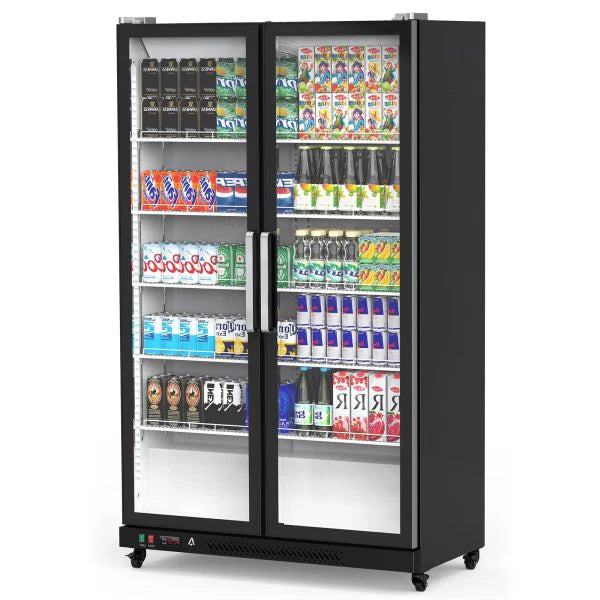 0a787d3003212bbdadcde0af2bc7688737cef87dd44a81697035dc73265311d0 Refrigerator - Commercial - Glass Door with LED Lighting Upright Beverage Display Cooler for Home, Store, Gym, Or Office, Featuring Double Swing