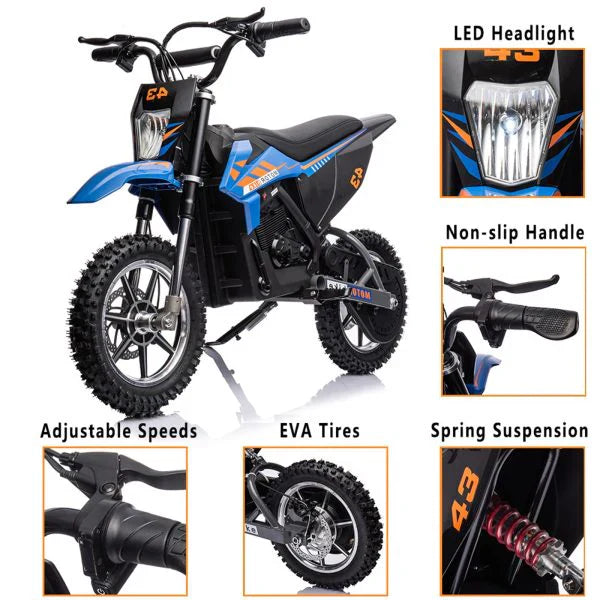 0ae4eba63893d060ff5d8569b6829210d88bf4a42ff35eb7faa9403112fd0297 36V dla dzieci elektryczny Dirt rower, 36V, 350W, 15.5MPH, LED, 175lb maks niebieski