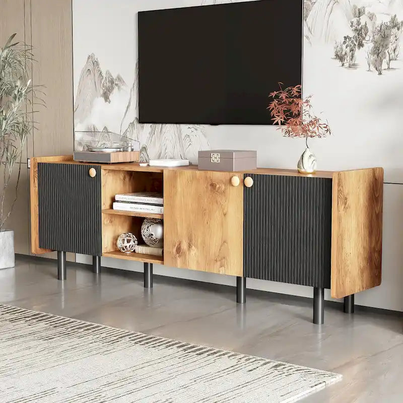 1787383436_KnhwrRIr TV Stand - Mid-century Modern, Featuring 3 Cabinets - Media Console for Tvs Up to 70 Inches, Stylish Entertainment Center with Storage for Living Room