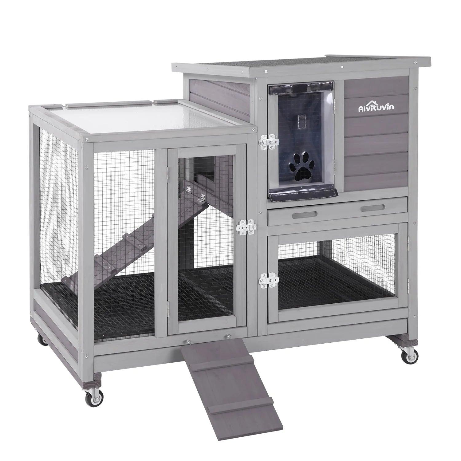 1787410341_E4cA1DQl Hutch - Wooden Rabbit, Featuring Two Slide Tray Outdoor Bunny Cage Indoor Guinea Pig Habitat Pet House for Small Animals - Gray Finish