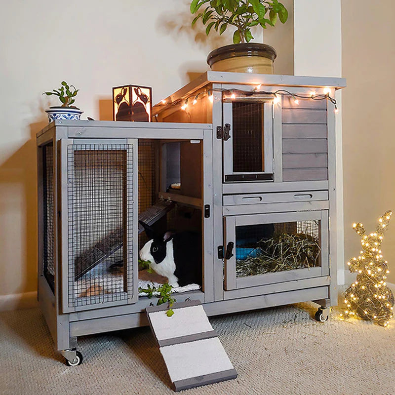 Hutch - Wooden Rabbit, Featuring Two Slide Tray Outdoor Bunny Cage Indoor Guinea Pig Habitat Pet House for Small Animals - Gray Finish