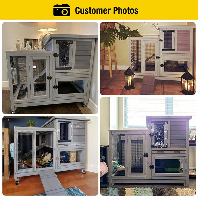 Hutch - Wooden Rabbit, Featuring Two Slide Tray Outdoor Bunny Cage Indoor Guinea Pig Habitat Pet House for Small Animals - Gray Finish