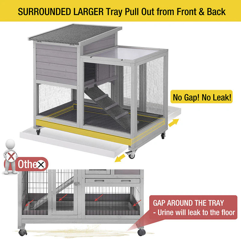 Hutch - Wooden Rabbit, Featuring Two Slide Tray Outdoor Bunny Cage Indoor Guinea Pig Habitat Pet House for Small Animals - Gray Finish