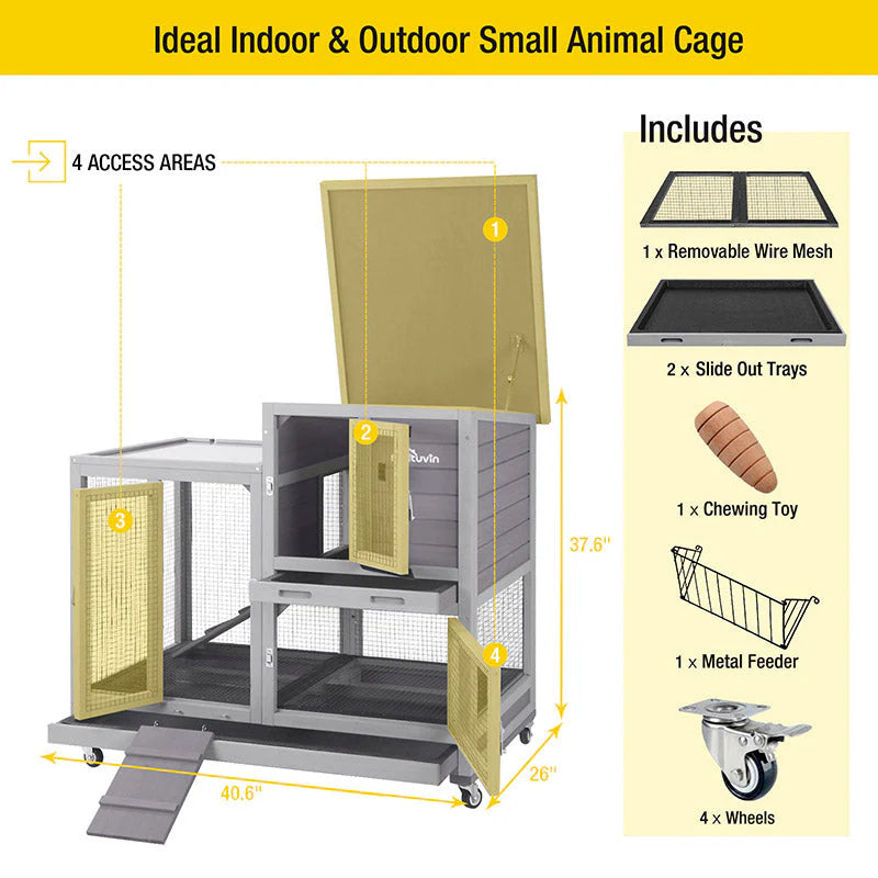 Hutch - Wooden Rabbit, Featuring Two Slide Tray Outdoor Bunny Cage Indoor Guinea Pig Habitat Pet House for Small Animals - Gray Finish
