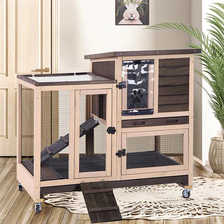 Hutch - Wooden Rabbit, Featuring Two Slide Tray Outdoor Bunny Cage Indoor Guinea Pig Habitat Pet House for Small Animals - Gray Finish