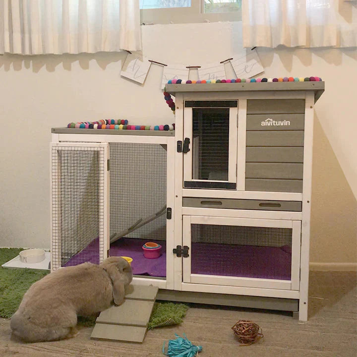 Hutch - Wooden Rabbit, Featuring Two Slide Tray Outdoor Bunny Cage Indoor Guinea Pig Habitat Pet House for Small Animals - Gray Finish