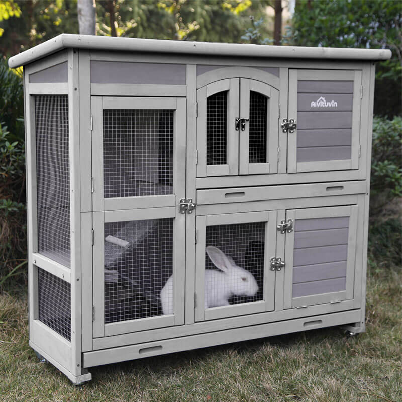 1787410546_YvHok8IN Hutch, drewno Rabbit, Bunny klatka z koło, Two Layer Guinea Pig domek do Outdoors i Indoors