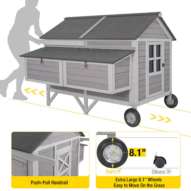 Chicken Coop - Mobile Wooden Hen House - Featuring Nesting Box Large Poultry Cage Upgrade with Strong Iron Frame