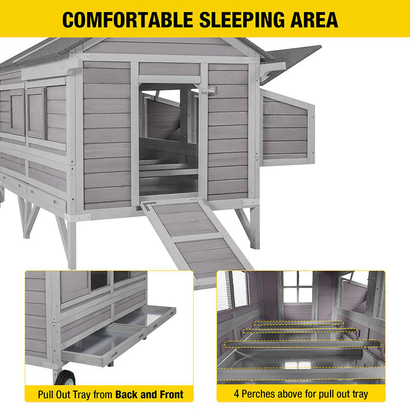 Chicken Coop - Mobile Wooden Hen House - Featuring Nesting Box Large Poultry Cage Upgrade with Strong Iron Frame