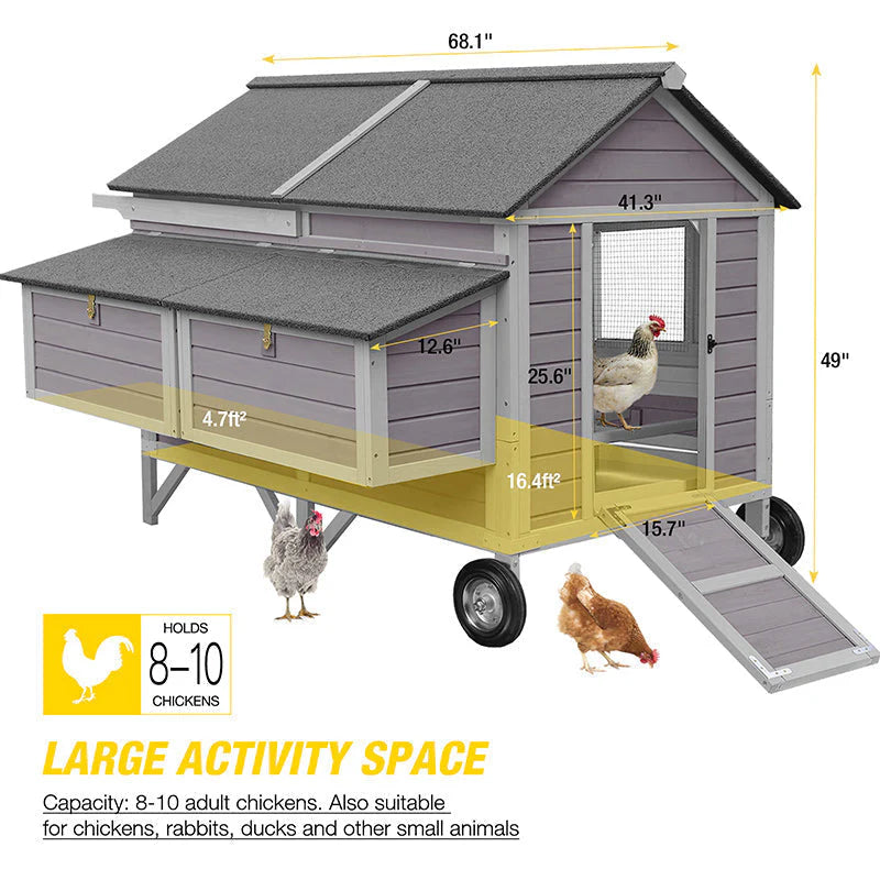 Chicken Coop - Mobile Wooden Hen House - Featuring Nesting Box Large Poultry Cage Upgrade with Strong Iron Frame