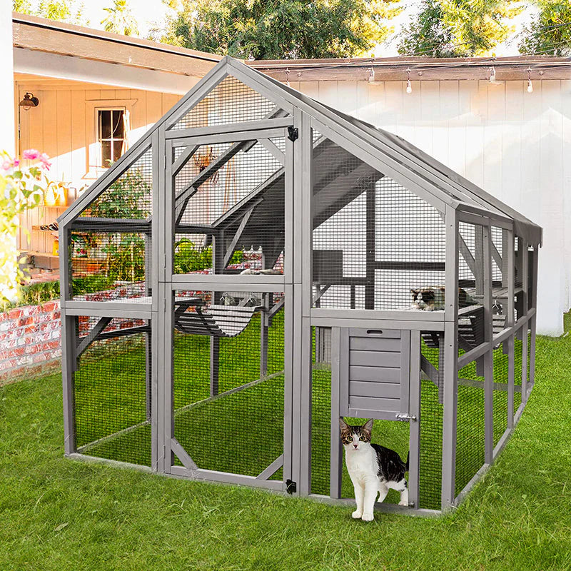Catio - 110-inch Extra Large Cat House Outdoor Walk-in Enclosure Wooden, Cage with Bridges - Platforms, Rest Rooms, Roof Cover