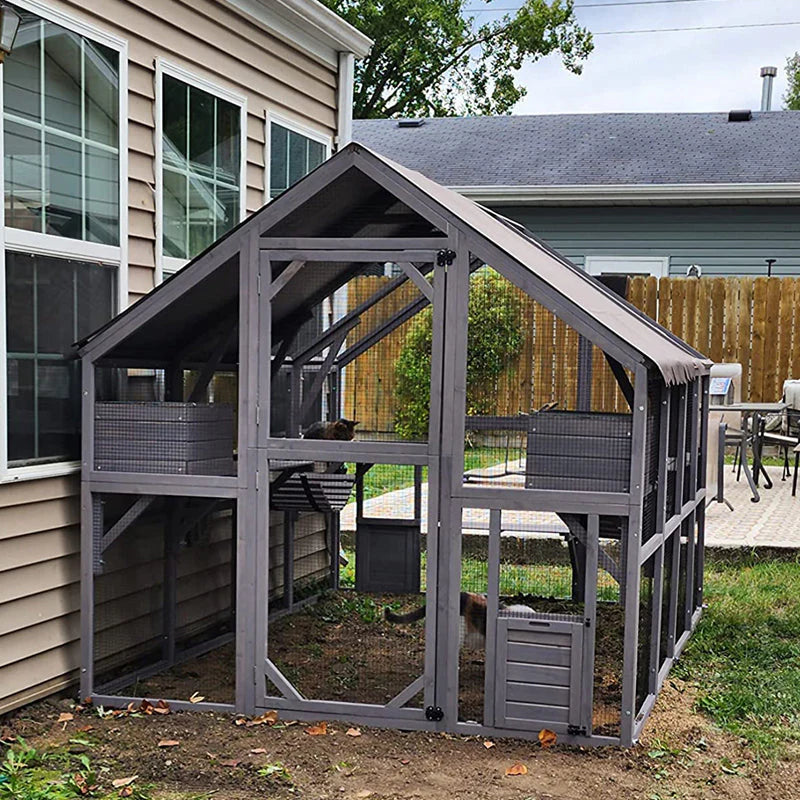 Catio - 110-inch Extra Large Cat House Outdoor Walk-in Enclosure Wooden, Cage with Bridges - Platforms, Rest Rooms, Roof Cover