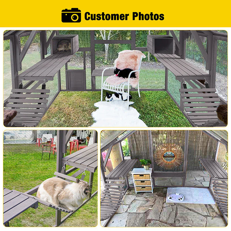 Catio - 110-inch Extra Large Cat House Outdoor Walk-in Enclosure Wooden, Cage with Bridges - Platforms, Rest Rooms, Roof Cover