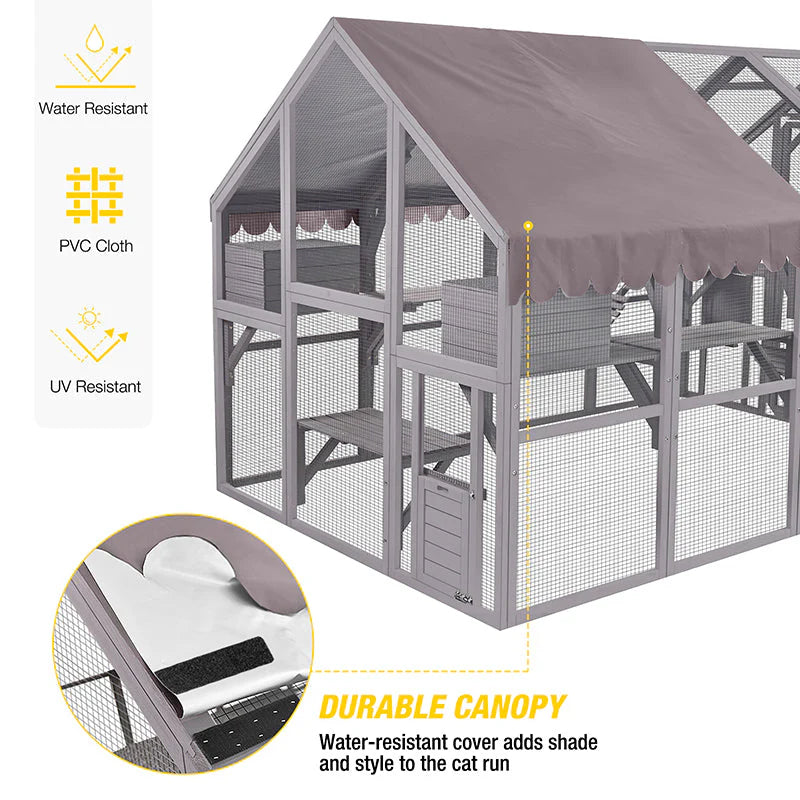 Catio - 110-inch Extra Large Cat House Outdoor Walk-in Enclosure Wooden, Cage with Bridges - Platforms, Rest Rooms, Roof Cover