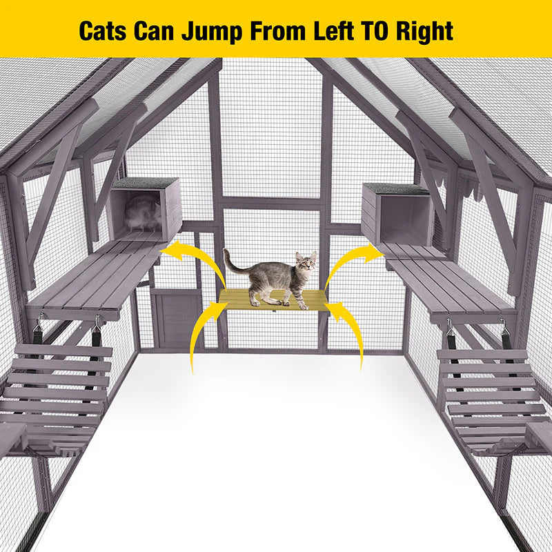 Catio - 110-inch Extra Large Cat House Outdoor Walk-in Enclosure Wooden, Cage with Bridges - Platforms, Rest Rooms, Roof Cover