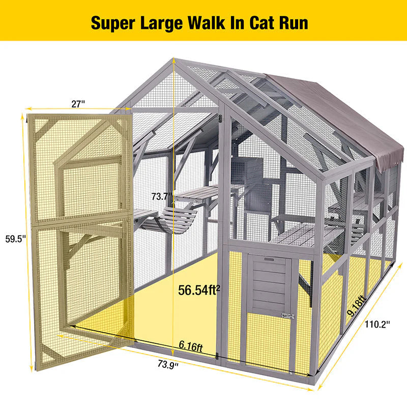 Catio - 110-inch Extra Large Cat House Outdoor Walk-in Enclosure Wooden, Cage with Bridges - Platforms, Rest Rooms, Roof Cover