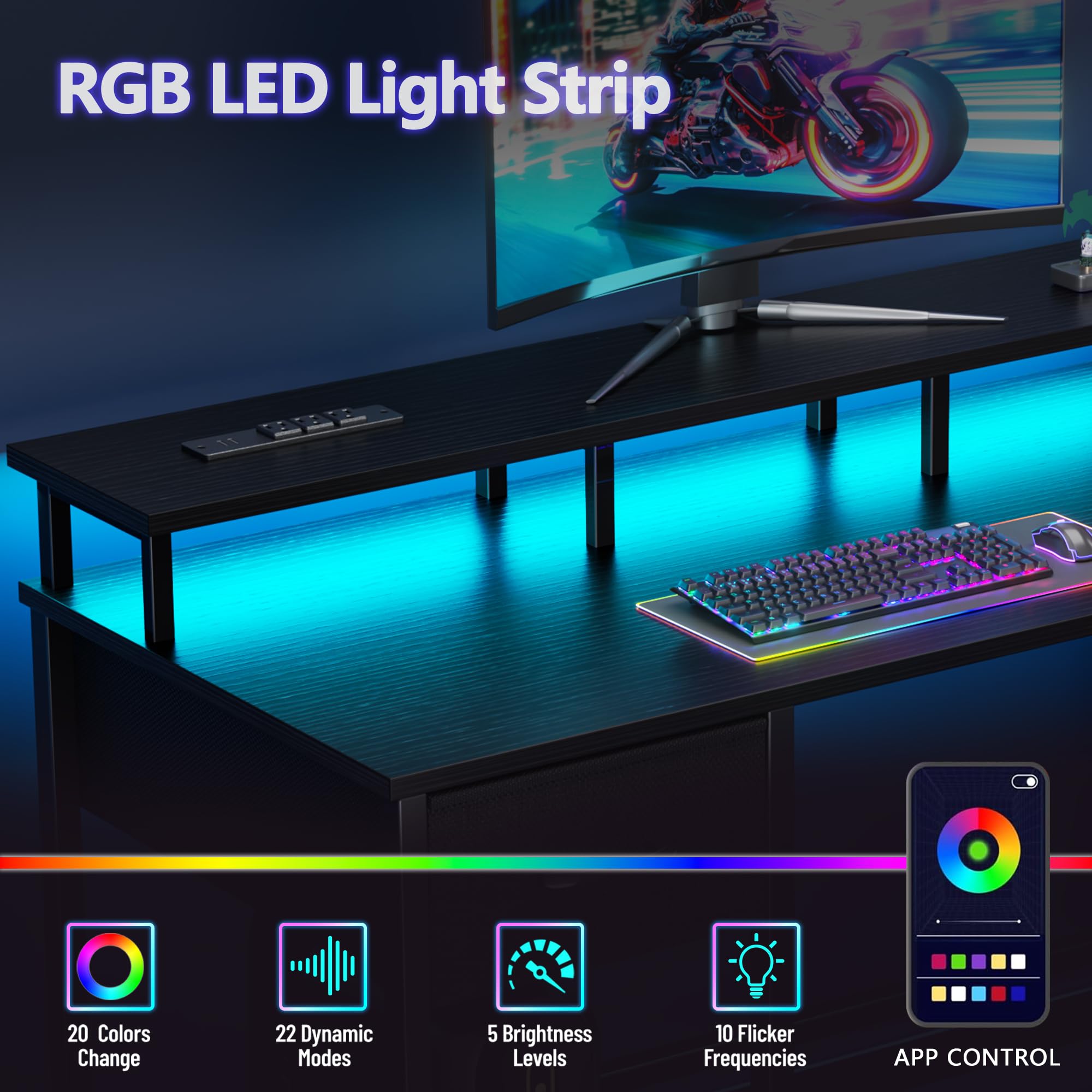 47 cali gamingowy biurko z LED lampy i moc Outlets