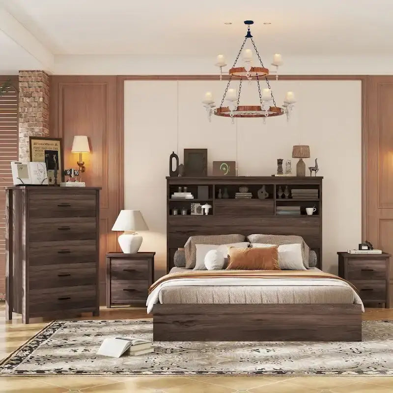 1787430782_6gPm3i7m Vintage rozmiar queen Bedroom zestaw, 4-elementowy drewniany rama lozka z 2 Nightstands i 1 Dresser