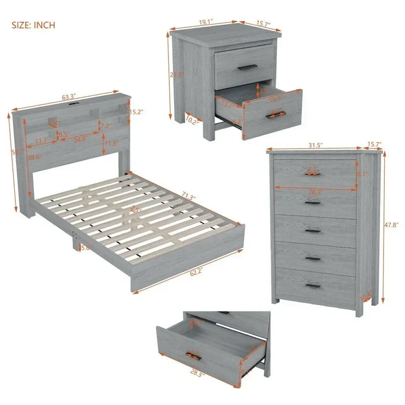 1787430797_VNrfS5Uo Vintage rozmiar queen Bedroom zestaw, 4-elementowy drewniany rama lozka z 2 Nightstands i 1 Dresser