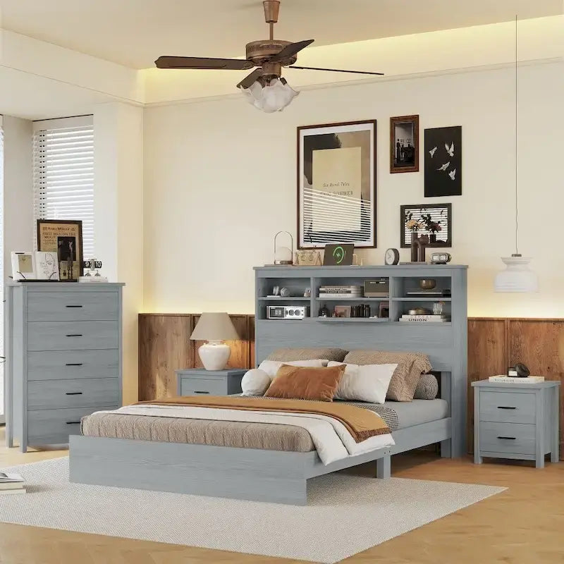 1787430801_NHmv4pvt Vintage rozmiar queen Bedroom zestaw, 4-elementowy drewniany rama lozka z 2 Nightstands i 1 Dresser