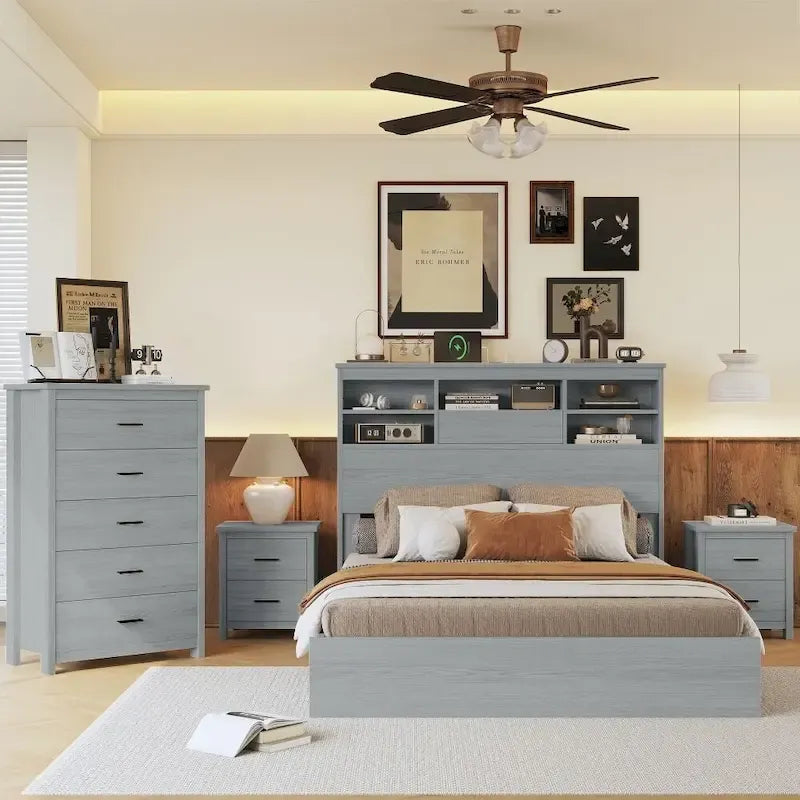 1787430815_1LrAPf4h Vintage rozmiar queen Bedroom zestaw, 4-elementowy drewniany rama lozka z 2 Nightstands i 1 Dresser