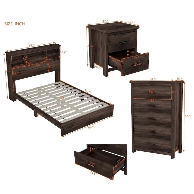 1787430819_uzJlUKZb Vintage rozmiar queen Bedroom zestaw, 4-elementowy drewniany rama lozka z 2 Nightstands i 1 Dresser