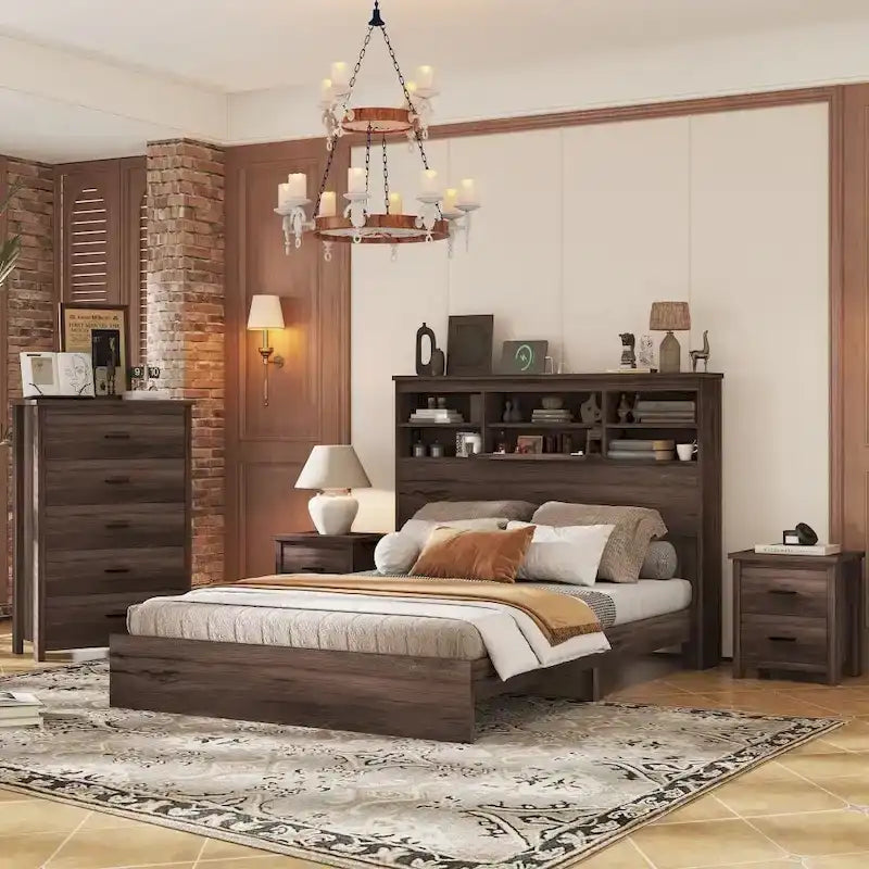 1787430822_7vnt9CqJ Vintage rozmiar queen Bedroom zestaw, 4-elementowy drewniany rama lozka z 2 Nightstands i 1 Dresser