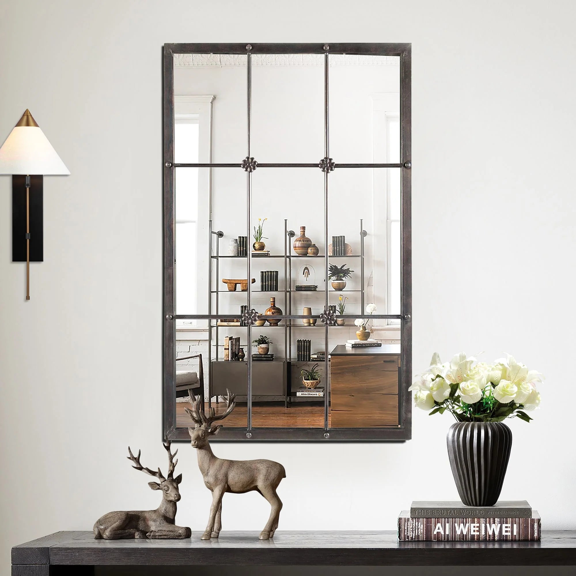 Rustic brązowy metal rama Windowpane Accent ściana Mirror, 37.75 H X 23.8 W X 1 D