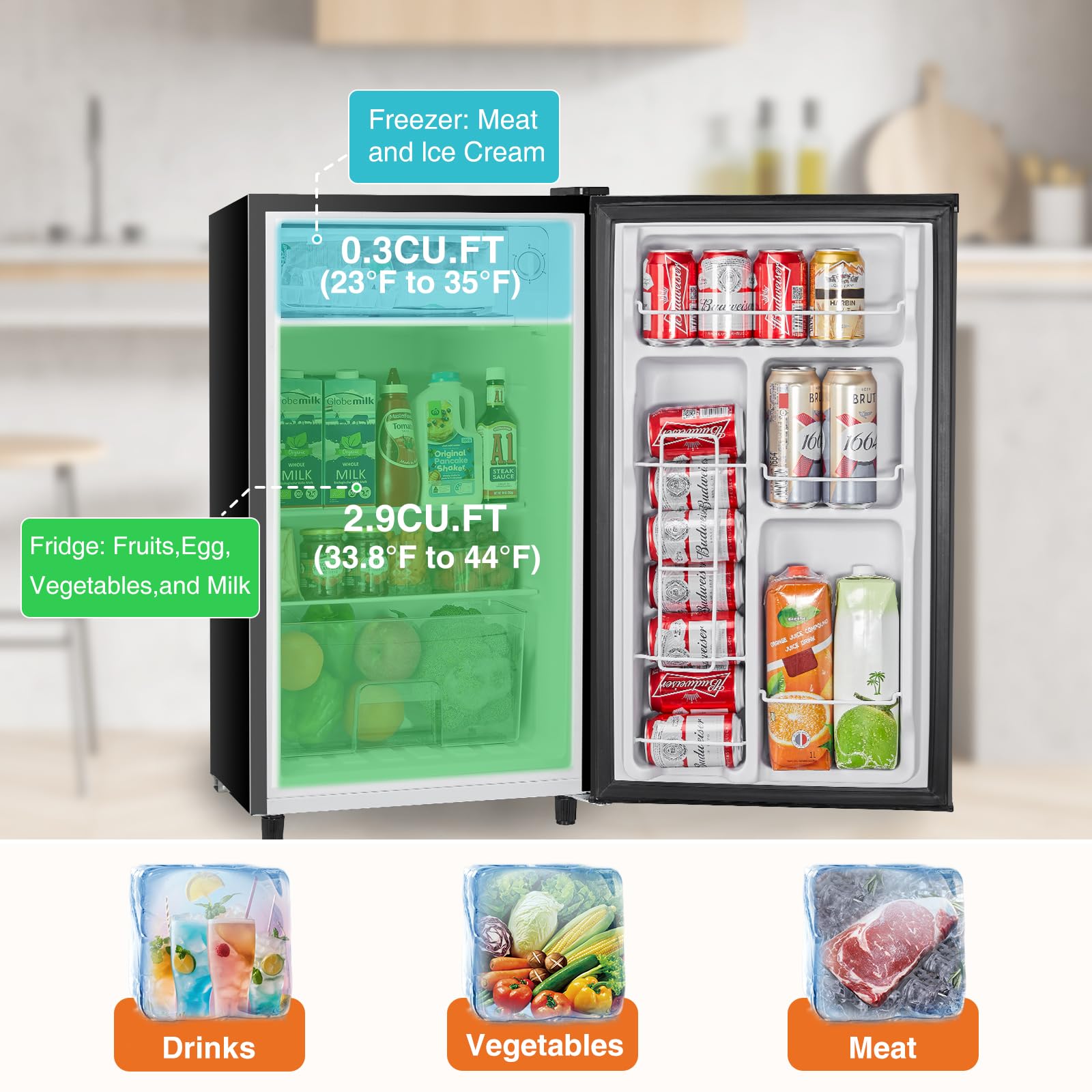 3.2 Cu.ft z zamrażarka minilodowka, czarny kompaktowa lodówka