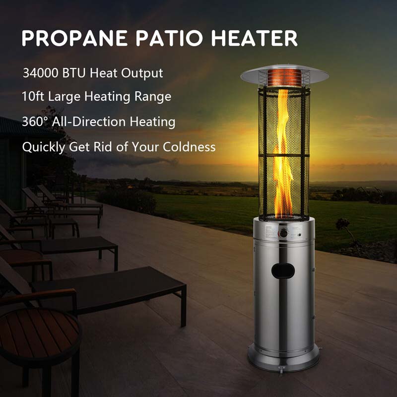 1787494703_7j2FCvCh Patio Heater - 41000 BTU Standing Propane, Featuring Wheels - Stainless Steel Round Glass Tube Gas Outdoor Heater