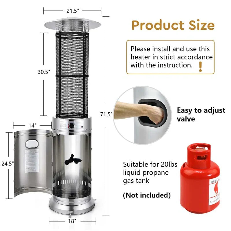 1787494714_sZEaexTl Patio Heater - 41000 BTU Standing Propane, Featuring Wheels - Stainless Steel Round Glass Tube Gas Outdoor Heater