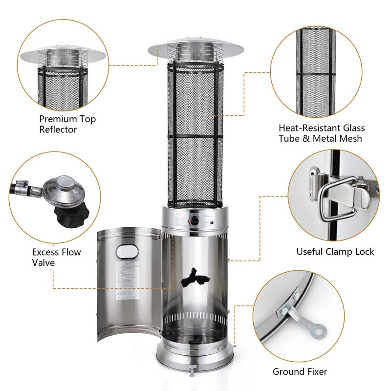 1787494717_mC0Yd5rA Patio Heater - 41000 BTU Standing Propane, Featuring Wheels - Stainless Steel Round Glass Tube Gas Outdoor Heater
