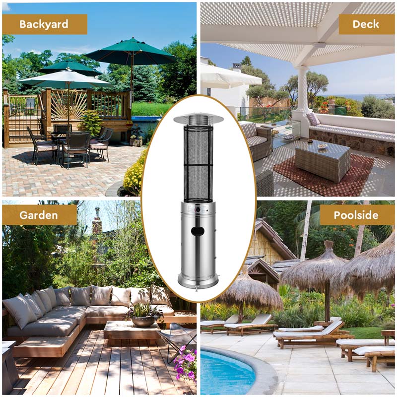 1787494721_S2N0hp5Z Patio Heater - 41000 BTU Standing Propane, Featuring Wheels - Stainless Steel Round Glass Tube Gas Outdoor Heater