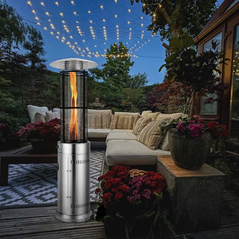 1787494734_H6uLVRLH Patio Heater - 41000 BTU Standing Propane, Featuring Wheels - Stainless Steel Round Glass Tube Gas Outdoor Heater