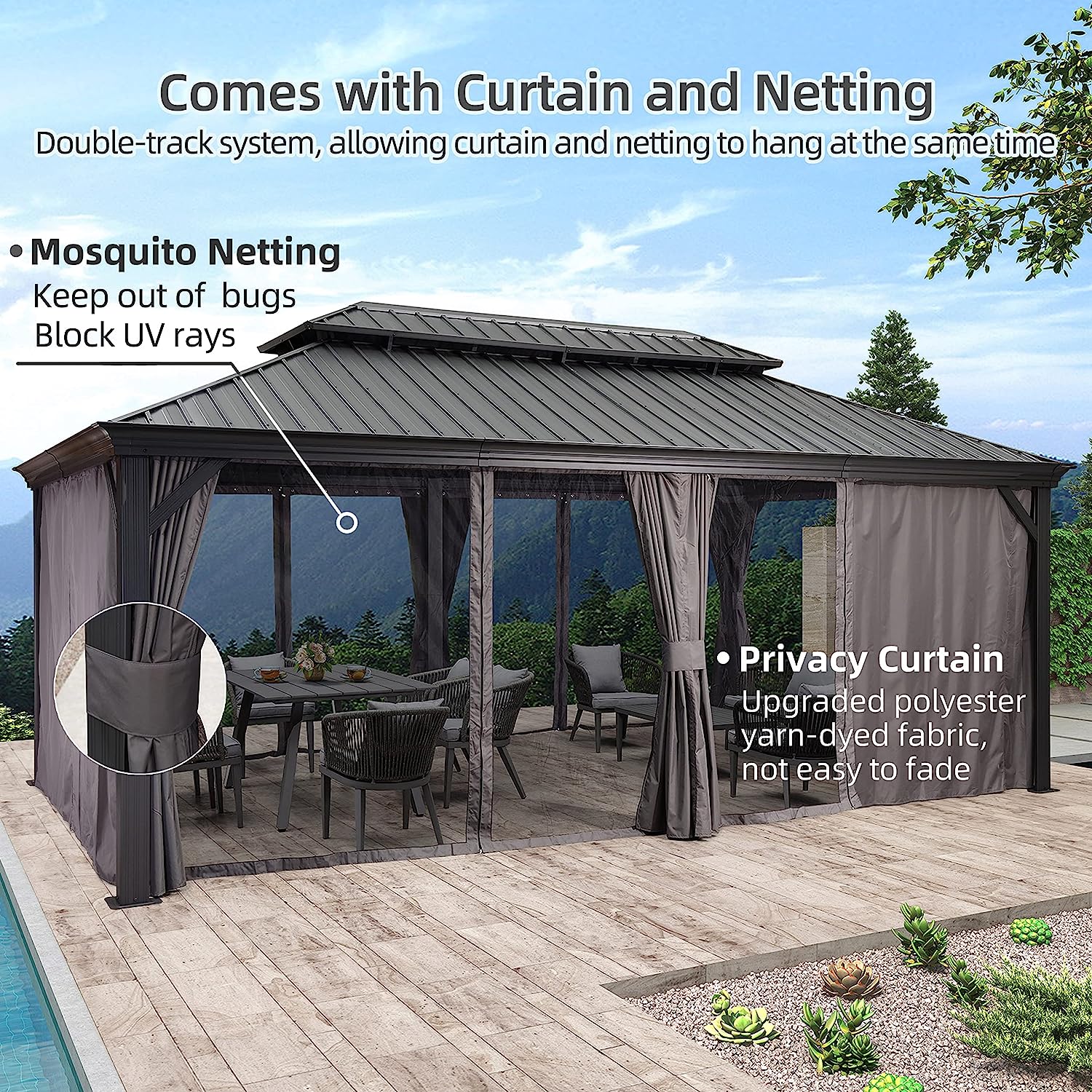 1787497081_kssaYi7M Hardtop Gazebo - 12-ft X 20-ft Permanent, Aluminum Gazebo - Featuring Galvanized Steel Double Roof for Patio Lawn and Garden