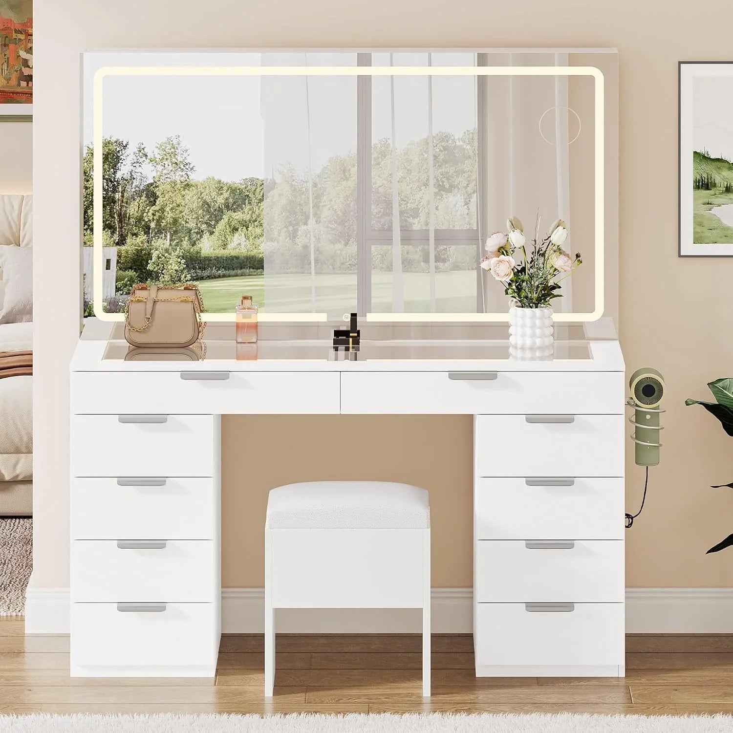 Vanity zestaw z LED Mirror, 10 szuflady, Stool w zestawie