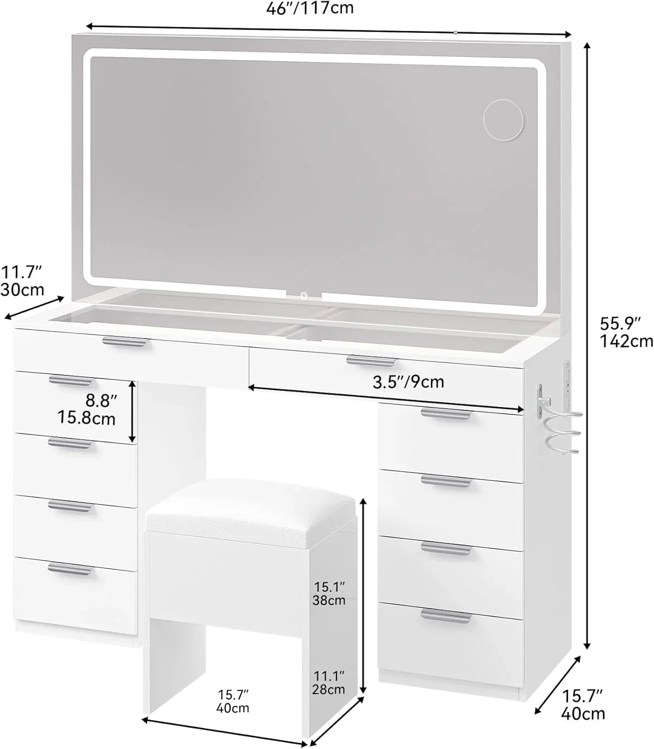 Vanity zestaw z LED Mirror, 10 szuflady, Stool w zestawie