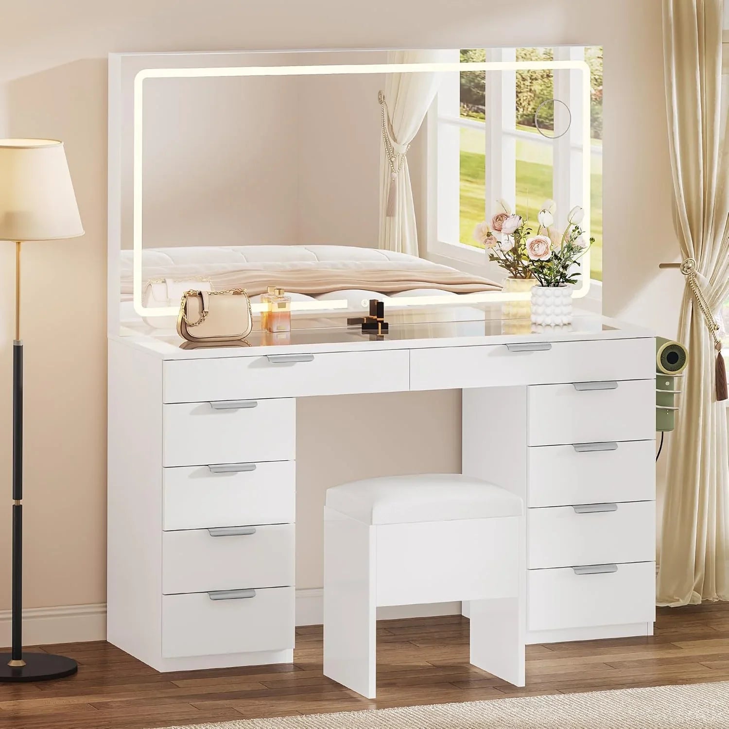 Vanity zestaw z LED Mirror, 10 szuflady, Stool w zestawie
