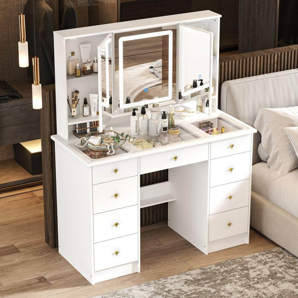 1787498503_C2HjCCDS Drawers - White Makeup Vanity Desk 9, Wood Dressing Table with 3 Mirrors - Glass Top, Hidden Storage Shelves, LED Lighted