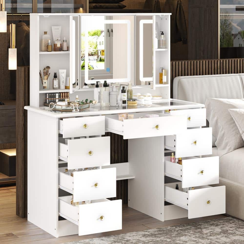 1787498506_TDvYB88S Drawers - White Makeup Vanity Desk 9, Wood Dressing Table with 3 Mirrors - Glass Top, Hidden Storage Shelves, LED Lighted