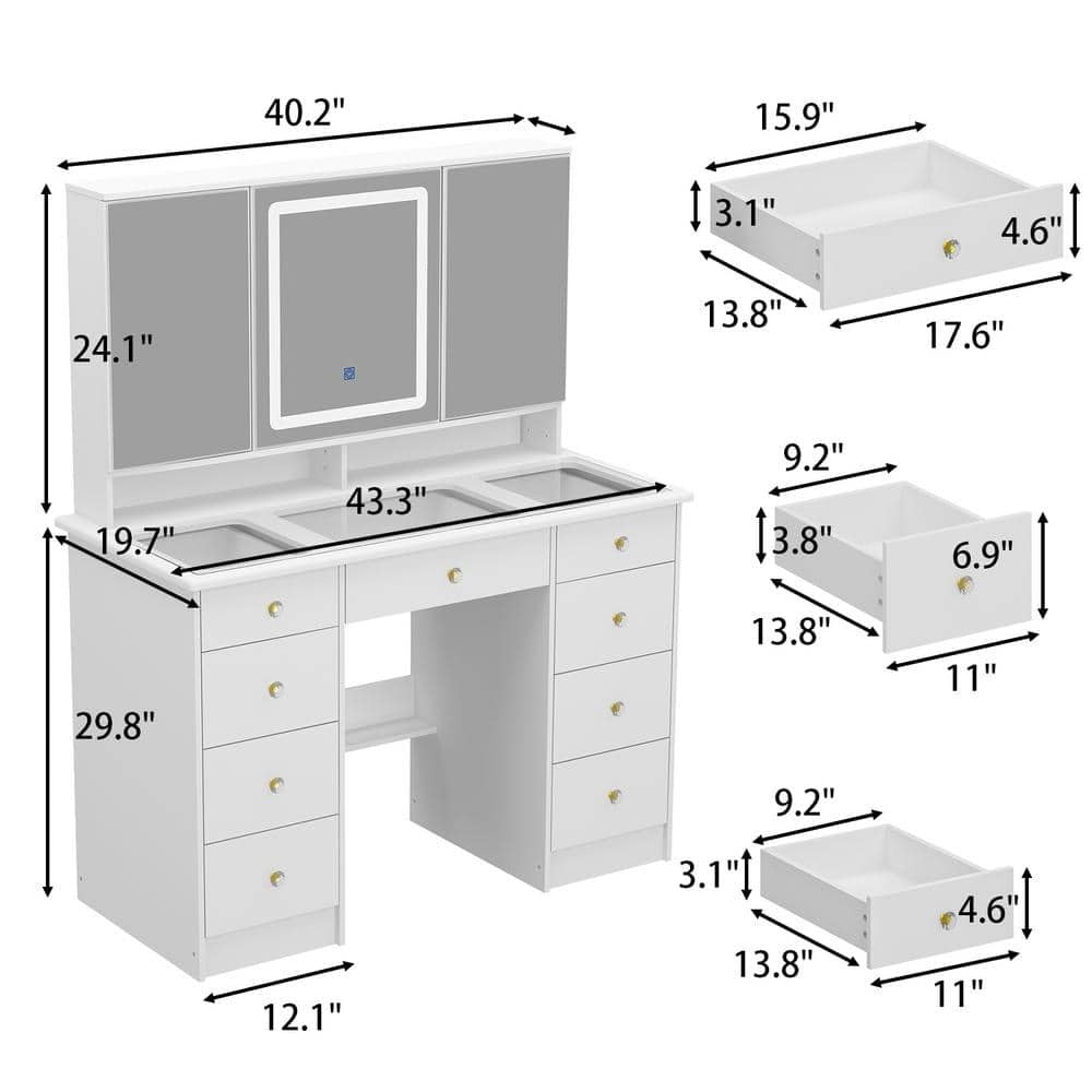 1787498510_WJYdCPYh Drawers - White Makeup Vanity Desk 9, Wood Dressing Table with 3 Mirrors - Glass Top, Hidden Storage Shelves, LED Lighted