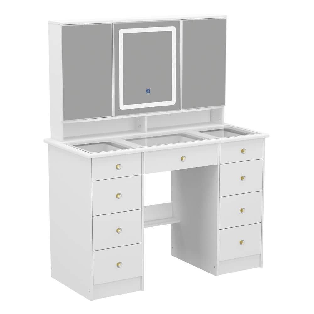 1787498514_FN9OBkFB Drawers - White Makeup Vanity Desk 9, Wood Dressing Table with 3 Mirrors - Glass Top, Hidden Storage Shelves, LED Lighted