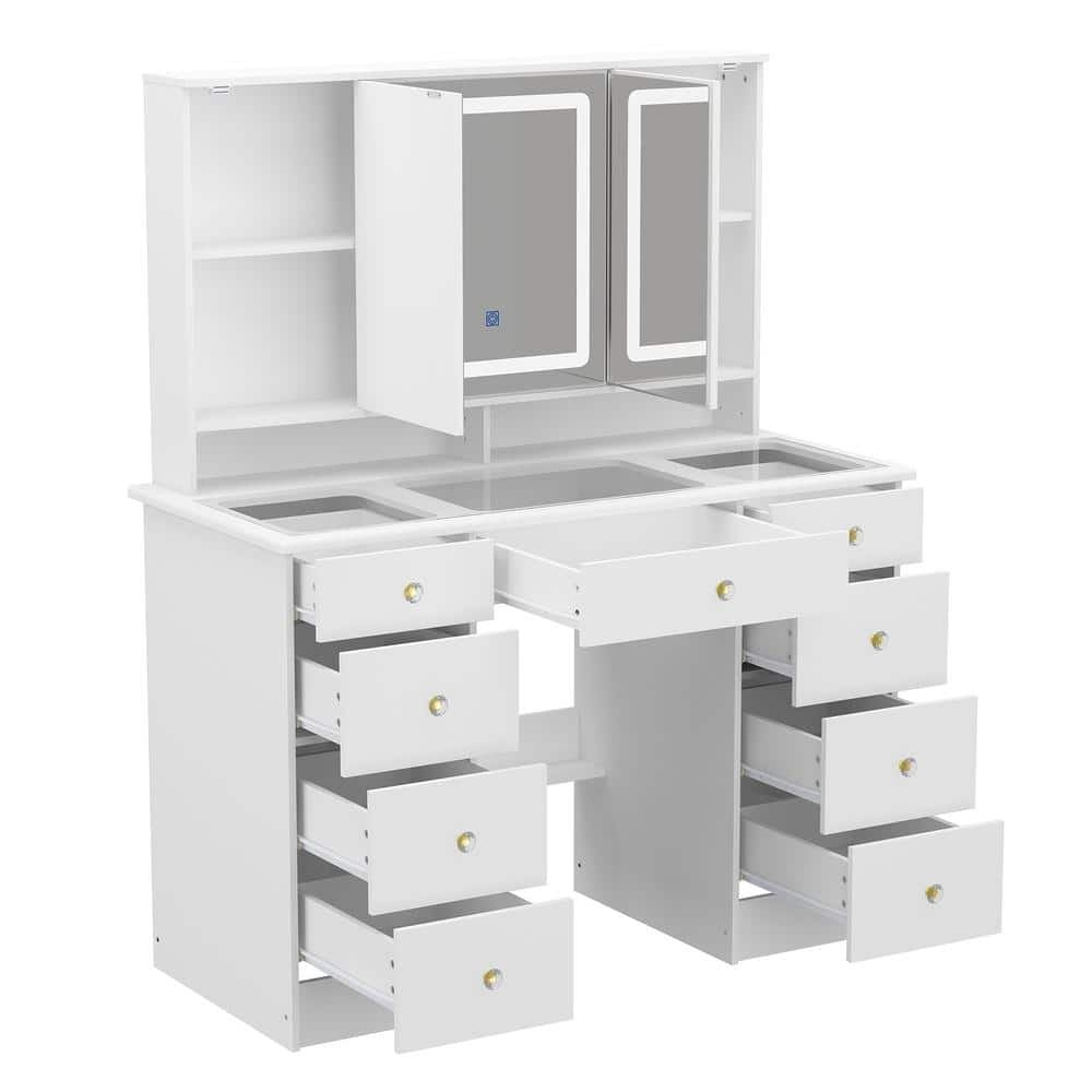 1787498517_uyPPKm8o Drawers - White Makeup Vanity Desk 9, Wood Dressing Table with 3 Mirrors - Glass Top, Hidden Storage Shelves, LED Lighted