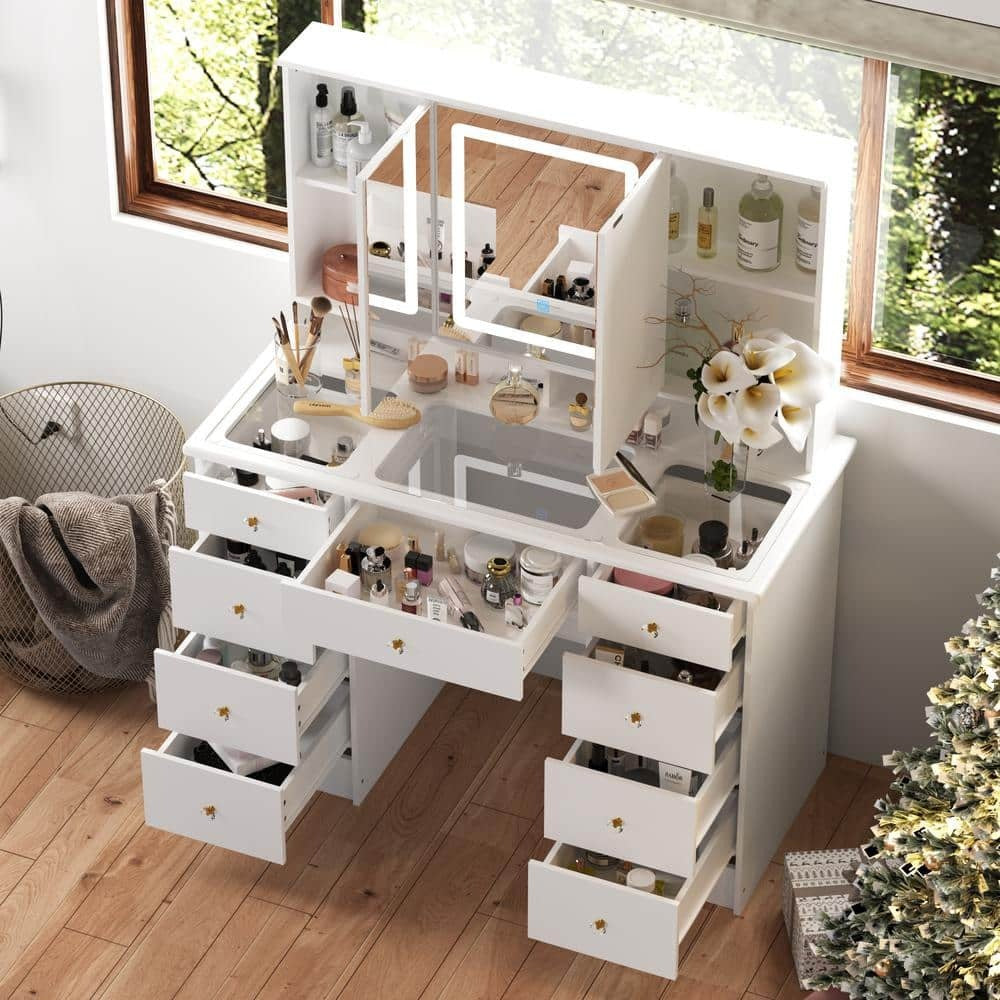 1787498520_GnPGiGIX Drawers - White Makeup Vanity Desk 9, Wood Dressing Table with 3 Mirrors - Glass Top, Hidden Storage Shelves, LED Lighted
