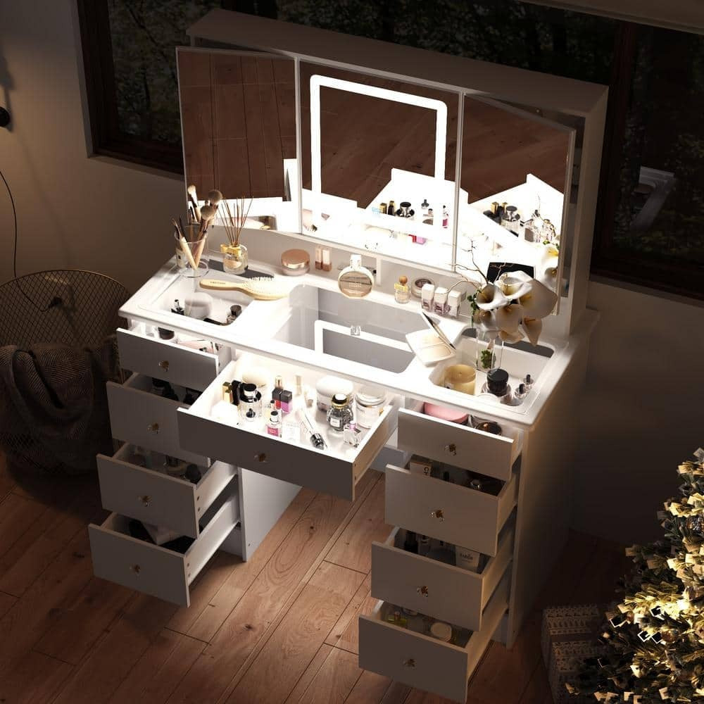 1787498524_eUFZUEnm Drawers - White Makeup Vanity Desk 9, Wood Dressing Table with 3 Mirrors - Glass Top, Hidden Storage Shelves, LED Lighted