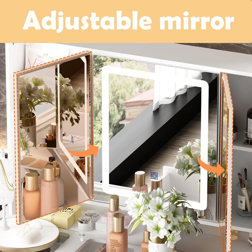 1787498527_EVMrfIDd Drawers - White Makeup Vanity Desk 9, Wood Dressing Table with 3 Mirrors - Glass Top, Hidden Storage Shelves, LED Lighted