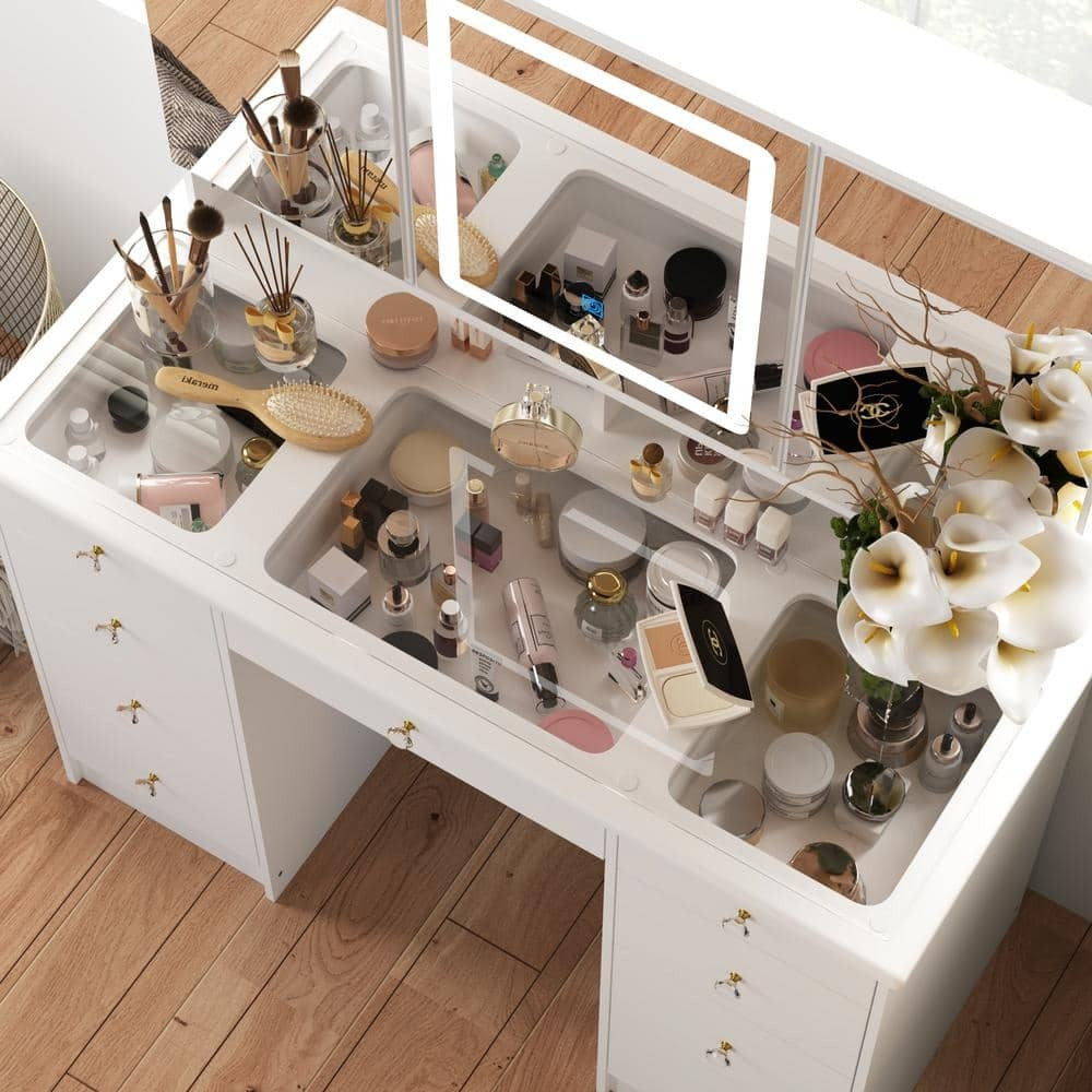 1787498534_3qyjGB0L Drawers - White Makeup Vanity Desk 9, Wood Dressing Table with 3 Mirrors - Glass Top, Hidden Storage Shelves, LED Lighted