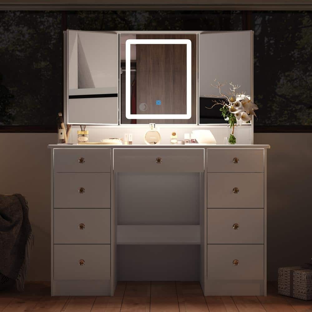 1787498537_iXJpsmLW Drawers - White Makeup Vanity Desk 9, Wood Dressing Table with 3 Mirrors - Glass Top, Hidden Storage Shelves, LED Lighted